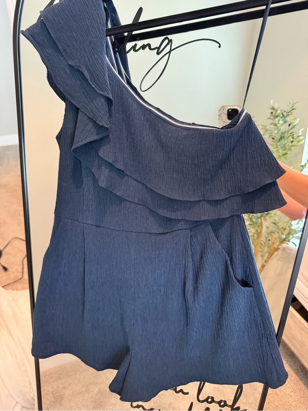 One-Shoulder Ruffle Navy Romper